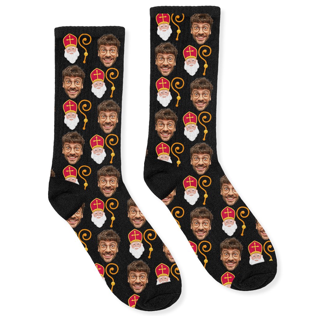 Gepersonaliseerde Sokken met Foto | Sinterklaas met Staf - Funnysokken.nl