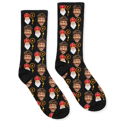 Gepersonaliseerde Sokken met Foto | Sinterklaas met Staf - Funnysokken.nl